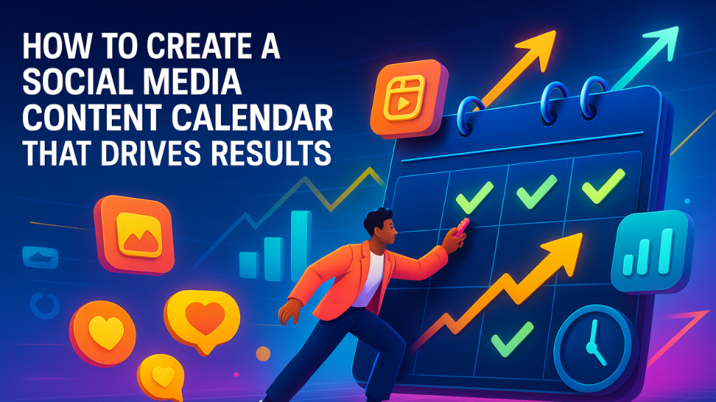 Illustration of a confident digital marketer placing a marker on a large, glowing content calendar in a futuristic workspace.